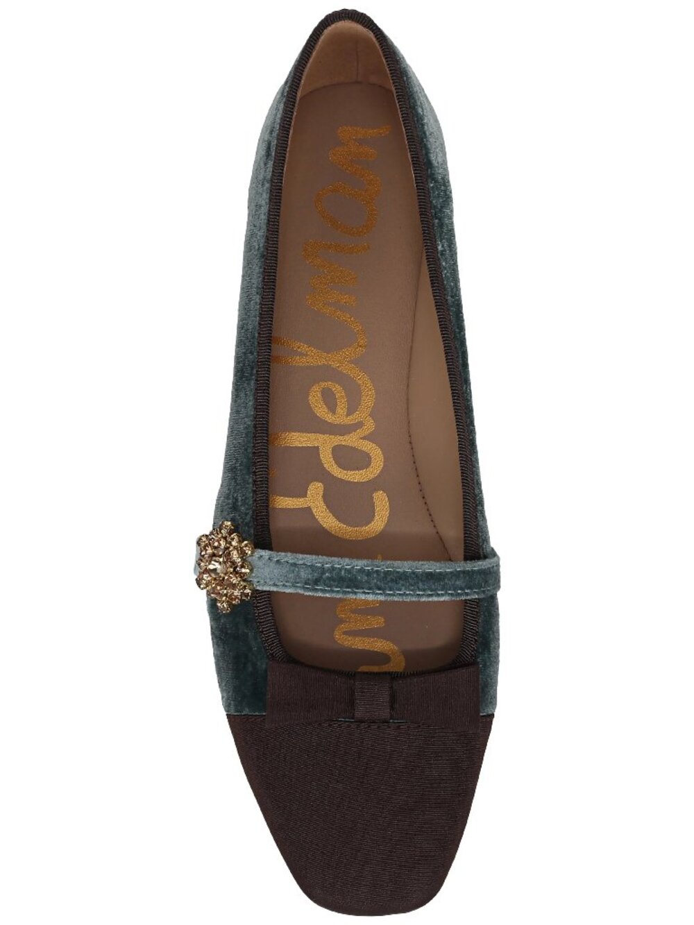 SAM EDELMAN "Madi" Mary Jane Velvet Rhinestone Flat Shoes - Teal/Brown - Size 7